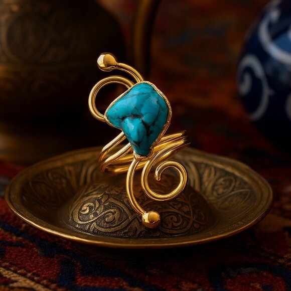 Turkish Artisan 18K Gold Plated Brass Adjustable Turquoise Cocktail Ring - Picture 11 of 11